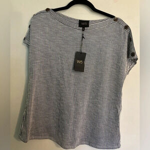NWT W5 || Blue &‎ White Ribbed Short Sleeve Top Button Accent Boxy Made in 🇺🇸